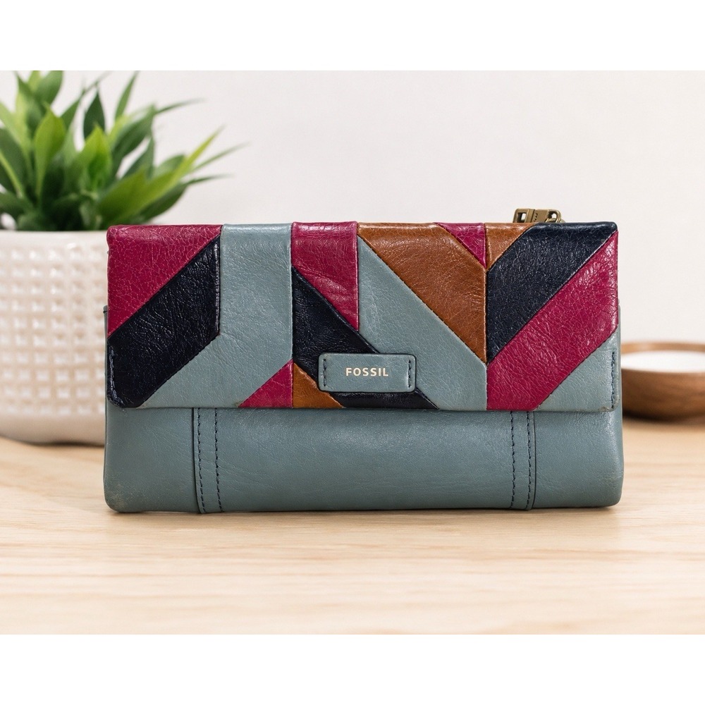 Fossil Patchwork Leather Ellis Clutch Wallet  Trifold Multicolor Organizer Cards